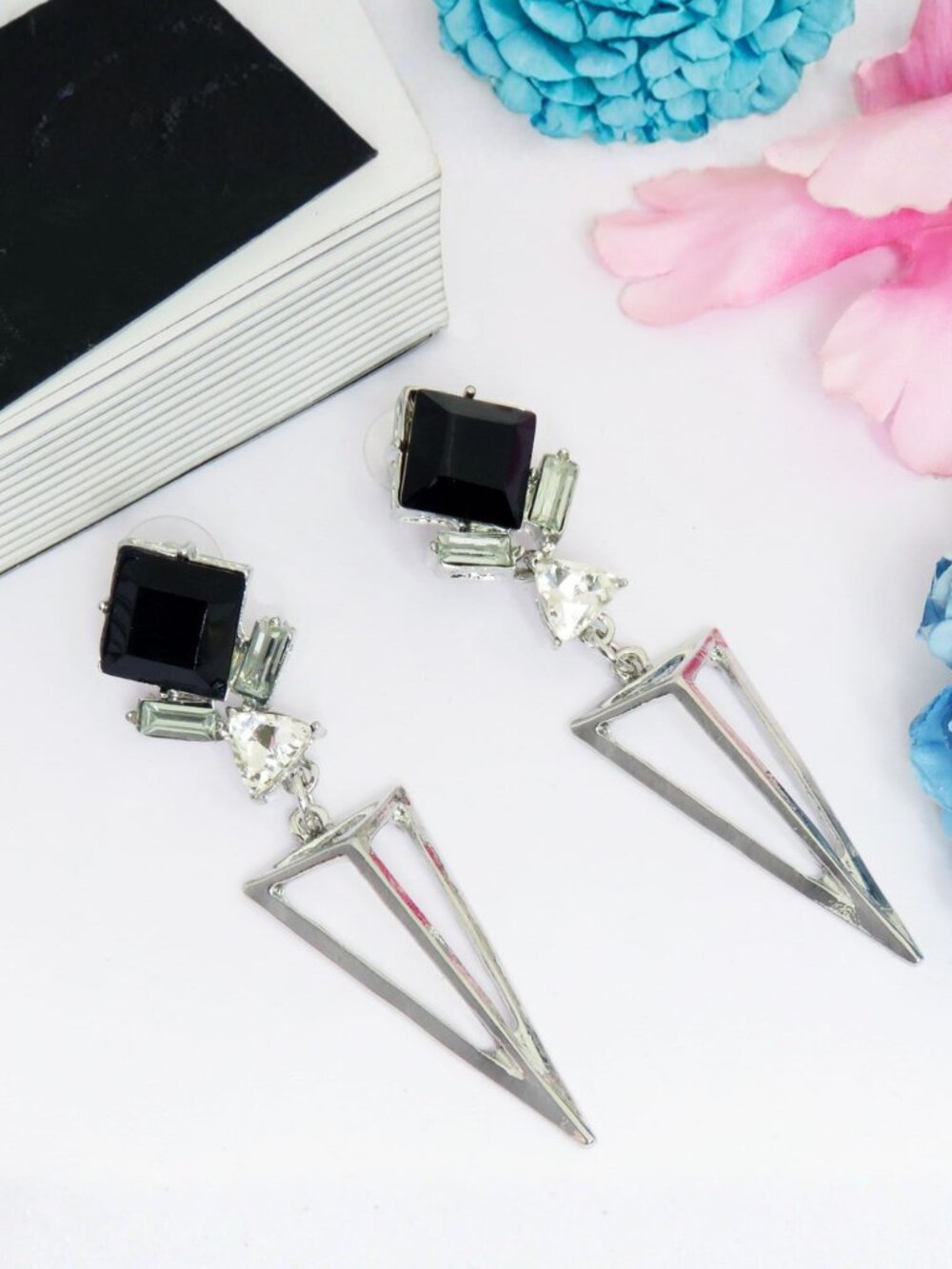 Silver Plated Geometric Drop Earrings for Women Black Crystal Resin Earrings